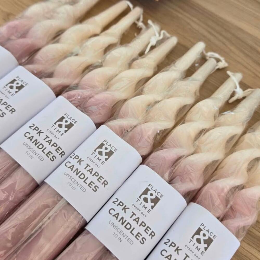 4 candles Place & Time/ Spring Candle tapers / cream & light purple twist /10"